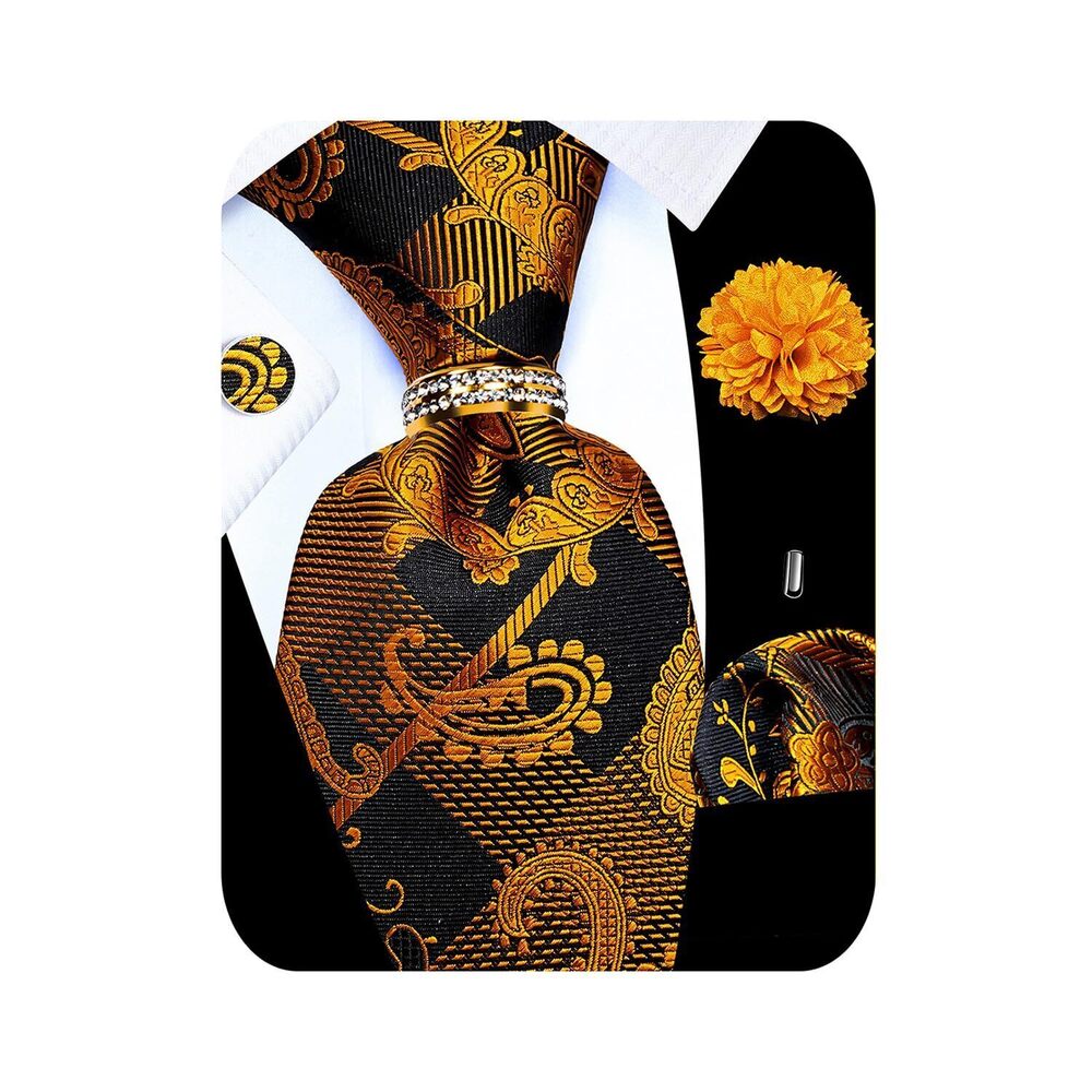 8803 5PCS Gold Black Paisley Tie Pocket Square , Silk Necktie